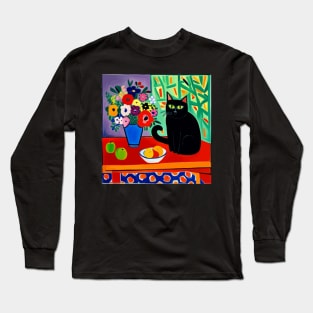 Cute Black Cat with Fruit and Flowers Still Life Painting Long Sleeve T-Shirt